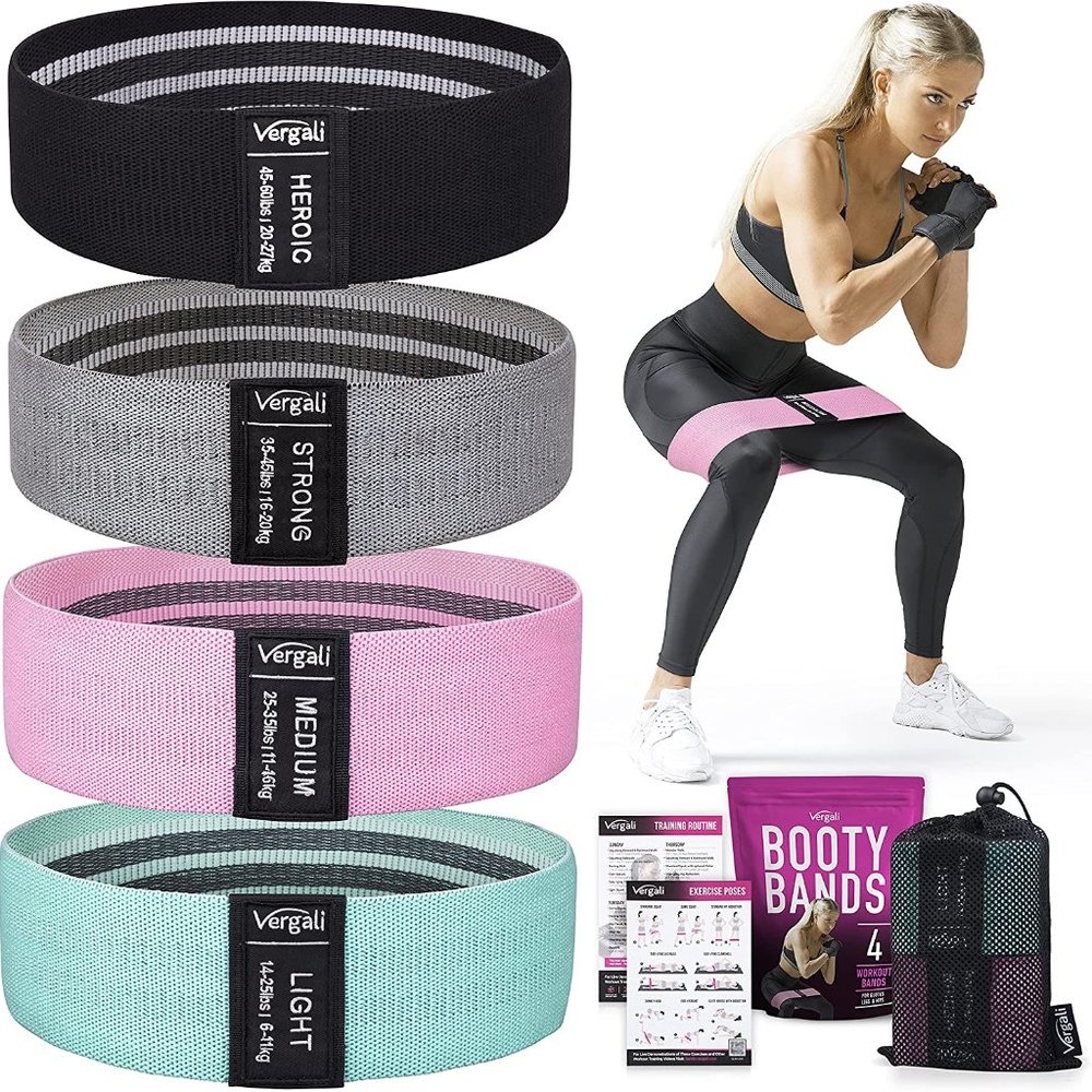 Vergali Fabric Booty Bands for Women Butt and Legs. Set of 4 Non Slip Cloth